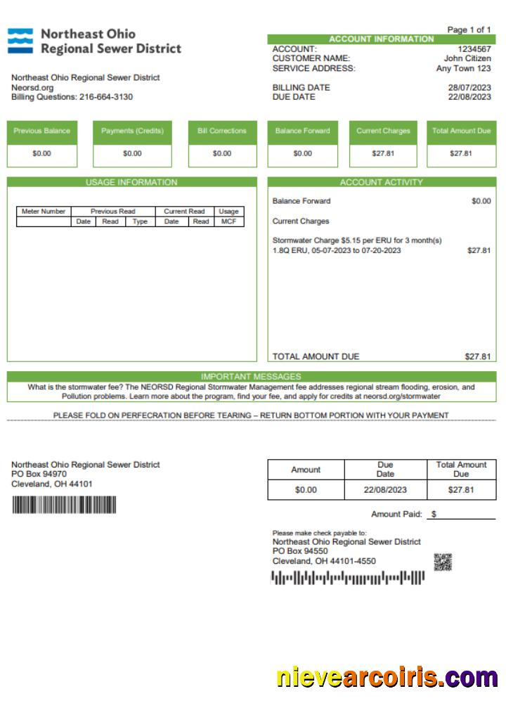 USA Northeast Ohio Regional Sewer District utility bill